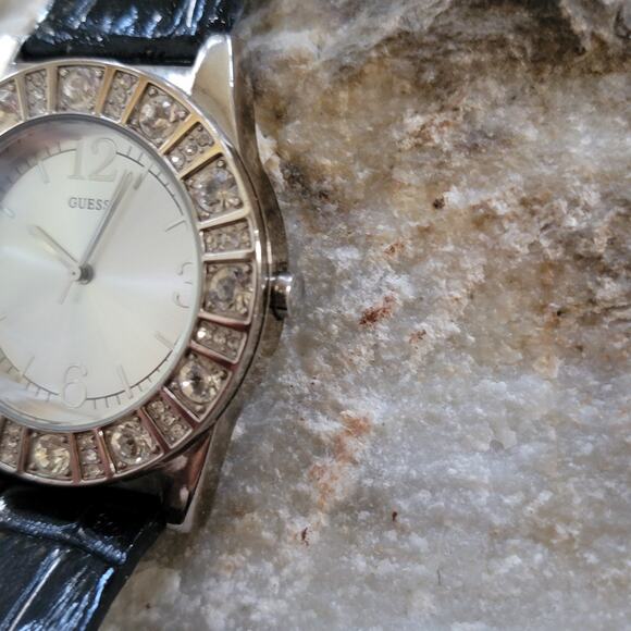 Vintage GUESS Crystal Bezel Watch Black Leather Strap Silver Dial Glam Chic Lux main image 10
